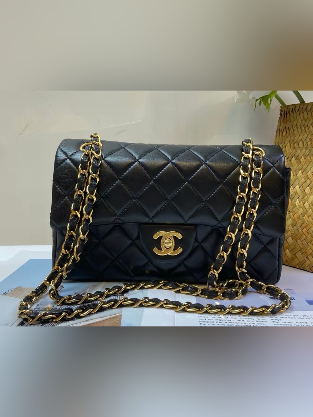 1991 Chanel Small Classic Flap Bag Black Lambskin 24K Gold Hardware Vintage